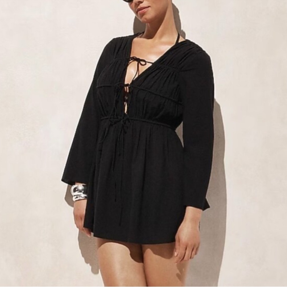 J Crew Black Cotton Tie Front Mini Dress s M